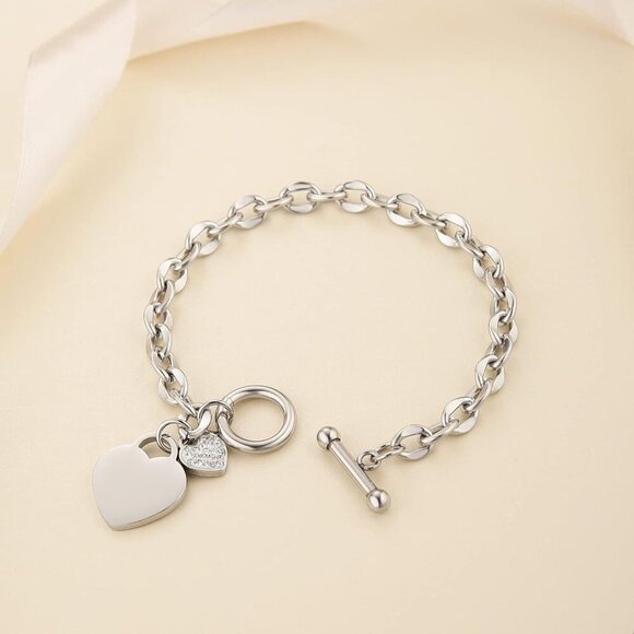 Stainless Steel Heart Bracelet Silver Rose Gold 17cm Toggle Link Jewelry - Picture 3 of 6